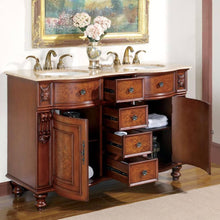 Load image into Gallery viewer, SILKROAD EXCLUSIVE JYP-0192-T-UIC-55 55&quot; Double Bathroom Vanity in Natural Cherry with Travertine, Ivory Oval Sinks, Open Doors and Drawers