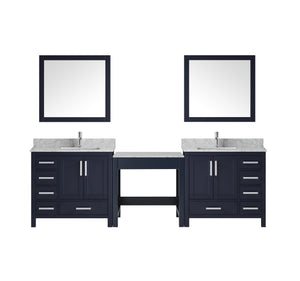 Lexora Jacques LJ34221023EDSM34 102" Double Bathroom Vanity with Make-Up Table in Navy Blue with White Carrara Marble, White Rectangle Sinks, Front View