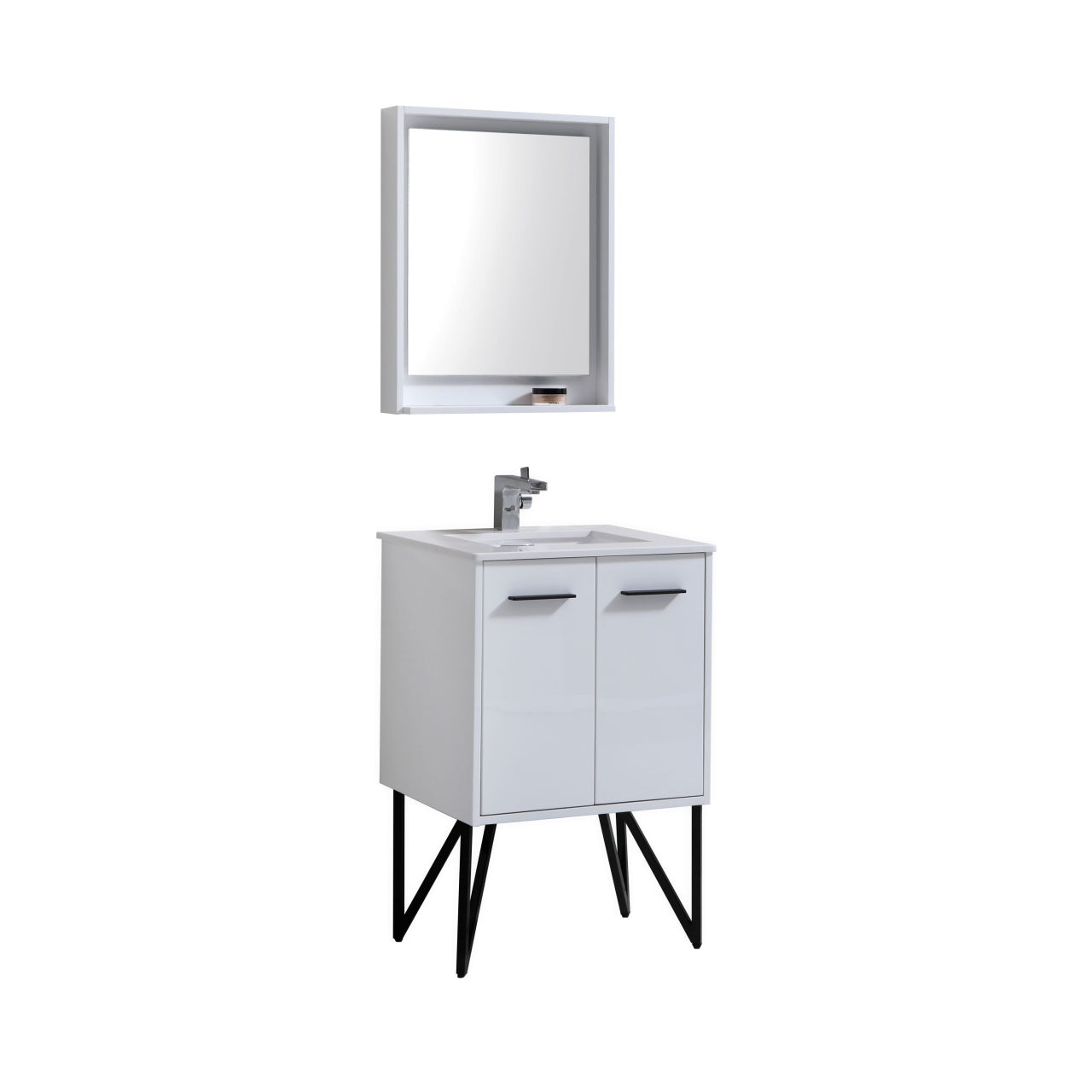 KUBEBATH Bosco KB24GW 24" Single Bathroom Vanity in High Gloss White with Cream Quartz, Rectangle Sink, Angled View with Mirror