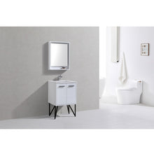 Load image into Gallery viewer, KUBEBATH Bosco KB24GW 24&quot; Single Bathroom Vanity in High Gloss White with Cream Quartz, Rectangle Sink, Rendered Angled View with Mirror
