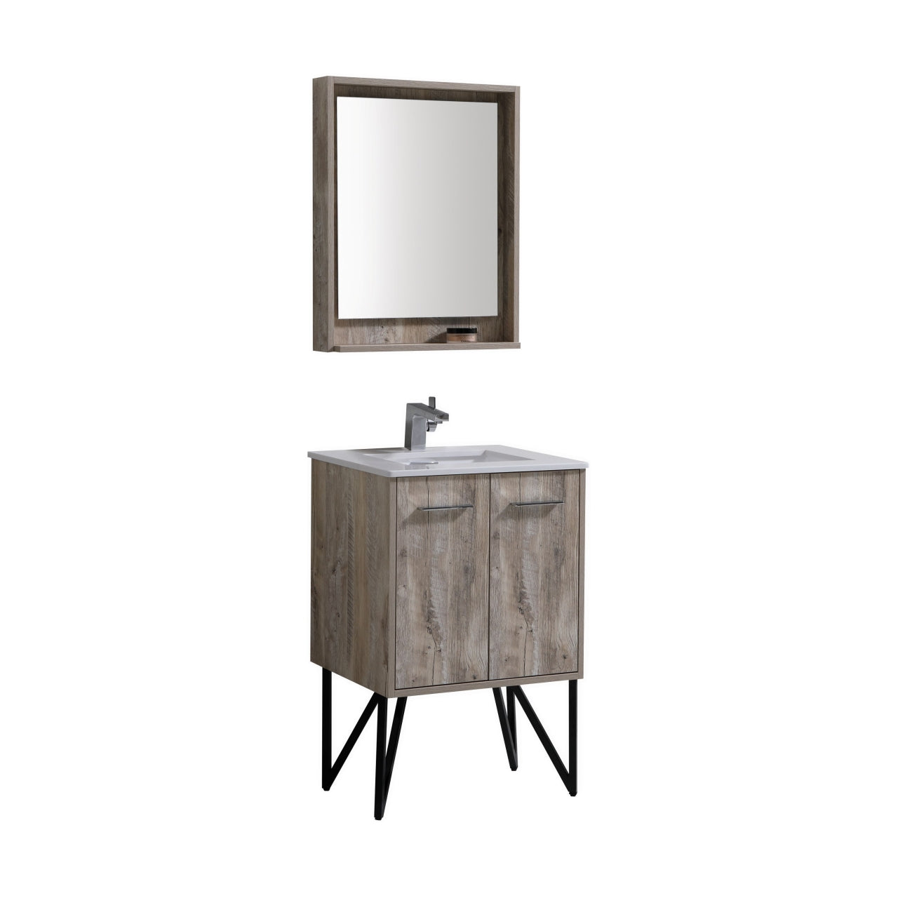 KUBEBATH Bosco KB24NW 24" Single Bathroom Vanity in Nature Wood with Cream Quartz, Rectangle Sink, Angled View with Mirror