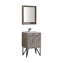 Load image into Gallery viewer, KUBEBATH Bosco KB24NW 24&quot; Single Bathroom Vanity in Nature Wood with Cream Quartz, Rectangle Sink, Angled View with Mirror