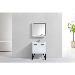 KUBEBATH Bosco KB30GW 30" Single Bathroom Vanity in High Gloss White with Cream Quartz, Rectangle Sink, Rendered Front View with Mirror