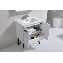 Load image into Gallery viewer, vKUBEBATH Bosco KB30GW 30&quot; Single Bathroom Vanity in High Gloss White with Cream Quartz, Rectangle SinkKUBEBATH Bosco KB30GW 30&quot; Single Bathroom Vanity in High Gloss White with Cream Quartz, Rectangle Sink, Open Doors and Drawer