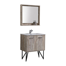 Load image into Gallery viewer, KUBEBATH Bosco KB30NW 30&quot; Single Bathroom Vanity in Nature Wood with Cream Quartz, Rectangle Sink, Angled View with Mirror