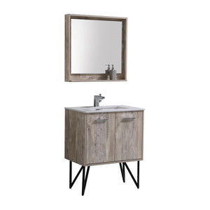 KUBEBATH Bosco KB30NW 30" Single Bathroom Vanity in Nature Wood with Cream Quartz, Rectangle Sink, Angled View with Mirror