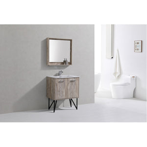 KUBEBATH Bosco KB30NW 30" Single Bathroom Vanity in Nature Wood with Cream Quartz, Rectangle Sink, Rendered Angled View with Mirror