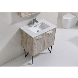 KUBEBATH Bosco KB30NW 30" Single Bathroom Vanity in Nature Wood with Cream Quartz, Rectangle Sink, Countertop Closeup