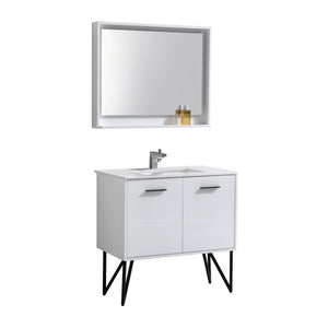 KUBEBATH Bosco KB36GW 36" Single Bathroom Vanity in High Gloss White with Cream Quartz, Rectangle Sink, Angled View