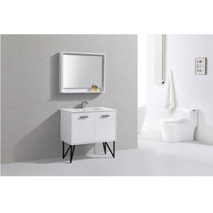 KUBEBATH Bosco KB36GW 36" Single Bathroom Vanity in High Gloss White with Cream Quartz, Rectangle Sink, Rendered Angled View