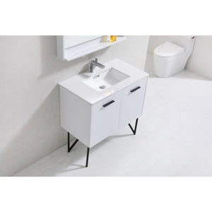 KUBEBATH Bosco KB36GW 36" Single Bathroom Vanity in High Gloss White with Cream Quartz, Rectangle Sink, Top Angled View