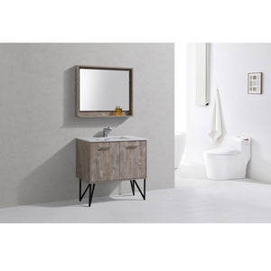 KUBEBATH Bosco KB36NW 36" Single Bathroom Vanity in Nature Wood with Cream Quartz, Rectangle Sink, Rendered Angled View