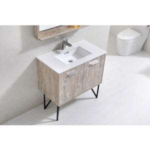 KUBEBATH Bosco KB36NW 36" Single Bathroom Vanity in Nature Wood with Cream Quartz, Rectangle Sink, Top Angled View