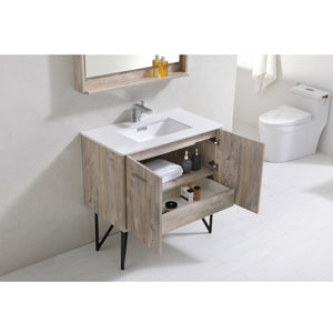 KUBEBATH Bosco KB36NW 36" Single Bathroom Vanity in Nature Wood with Cream Quartz, Rectangle Sink, Open Doors and Drawers