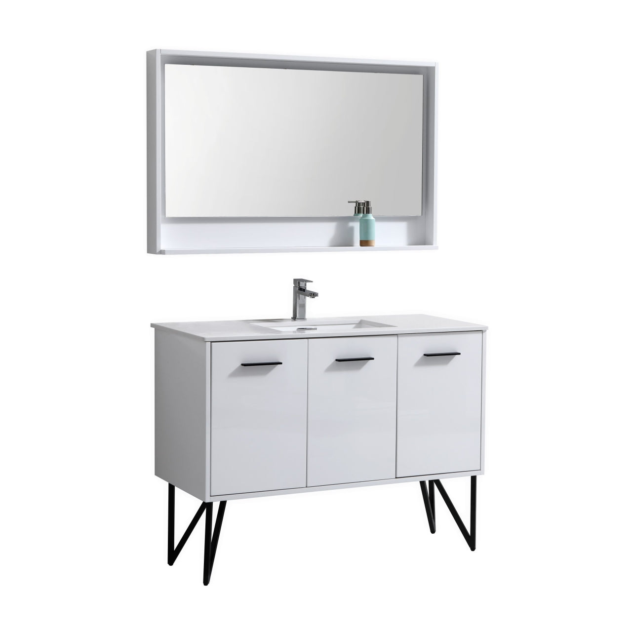 KUBEBATH Bosco KB48GW 48" Single Bathroom Vanity in High Gloss White with Cream Quartz, Rectangle Sink, Angled View