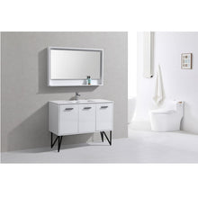 Load image into Gallery viewer, KUBEBATH Bosco KB48GW 48&quot; Single Bathroom Vanity in High Gloss White with Cream Quartz, Rectangle Sink, Rendered Angled View
