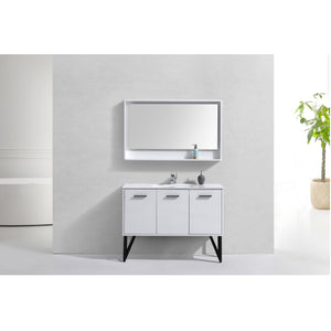 KUBEBATH Bosco KB48GW 48" Single Bathroom Vanity in High Gloss White with Cream Quartz, Rectangle Sink, Rendered Front View