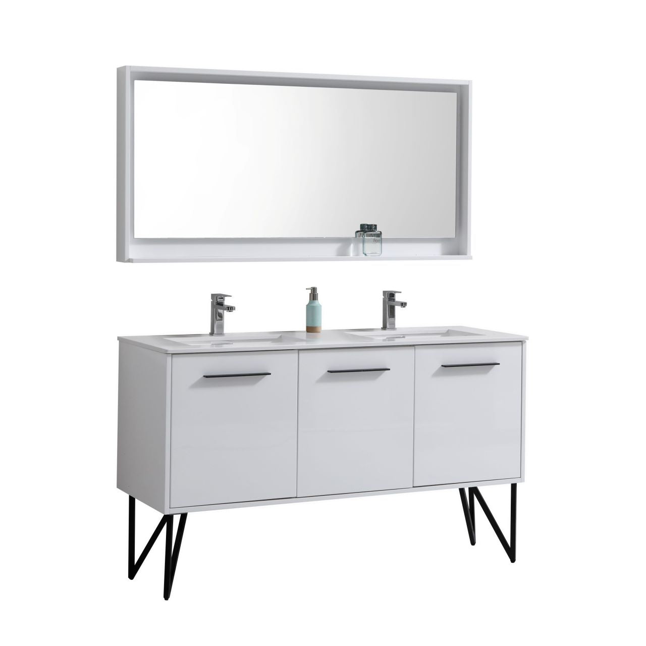 KUBEBATH Bosco KB60DGW 60" Single Bathroom Vanity in High Gloss White with Cream Quartz, Rectangle Sink, Angled View