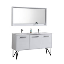 Load image into Gallery viewer, KUBEBATH Bosco KB60DGW 60&quot; Single Bathroom Vanity in High Gloss White with Cream Quartz, Rectangle Sink, Angled View