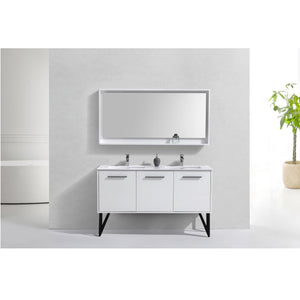 KUBEBATH Bosco KB60DGW 60" Single Bathroom Vanity in High Gloss White with Cream Quartz, Rectangle Sink, Rendered Front View