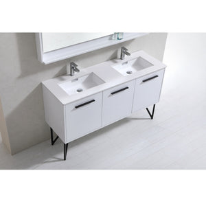 KUBEBATH Bosco KB60DGW 60" Single Bathroom Vanity in High Gloss White with Cream Quartz, Rectangle Sink, Top Angled View