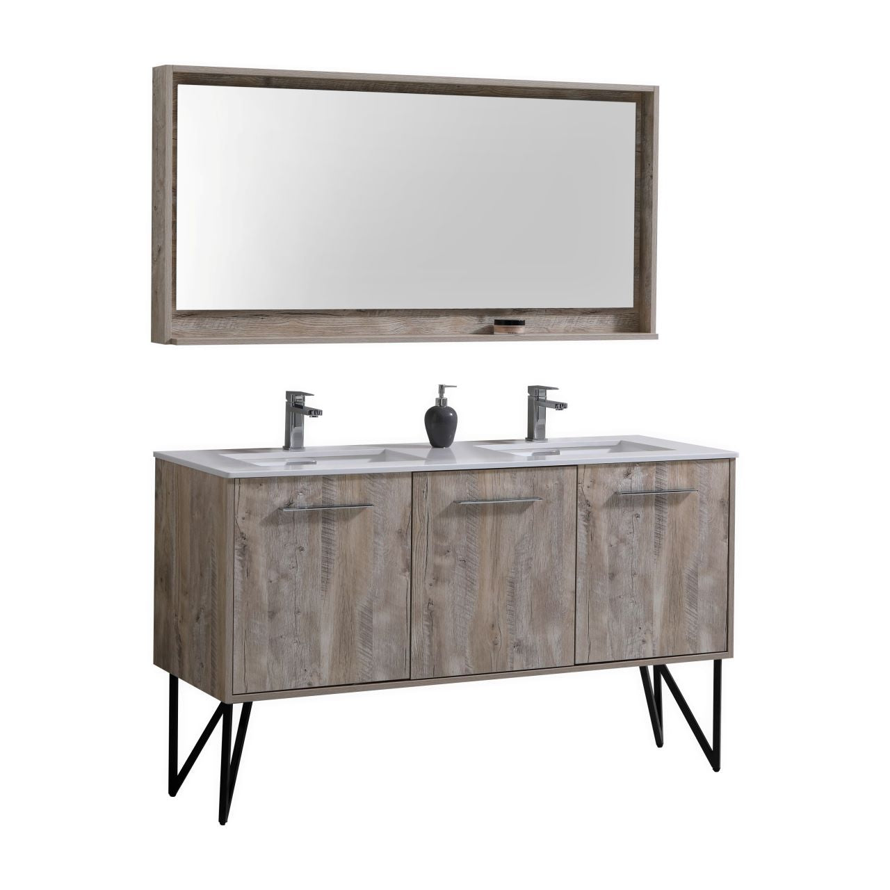 KUBEBATH Bosco KB60DNW 60" Single Bathroom Vanity in Nature Wood with Cream Quartz, Rectangle Sink, Angled View