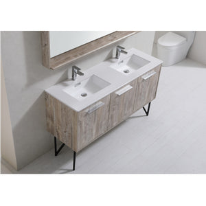 KUBEBATH Bosco KB60DNW 60" Single Bathroom Vanity in Nature Wood with Cream Quartz, Rectangle Sink, Top Angled View