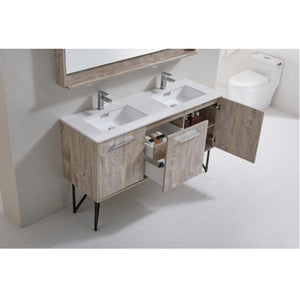KUBEBATH Bosco KB60DNW 60" Single Bathroom Vanity in Nature Wood with Cream Quartz, Rectangle Sink, Open Door and Drawers