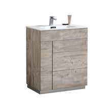 Load image into Gallery viewer, KUBEBATH Milano KFM30-NW 30&quot; Single Bathroom Vanity in Nature Wood with White Acrylic Composite, Integrated Sink, Angled View