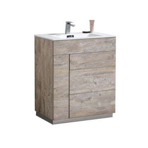 KUBEBATH Milano KFM30-NW 30" Single Bathroom Vanity in Nature Wood with White Acrylic Composite, Integrated Sink, Angled View