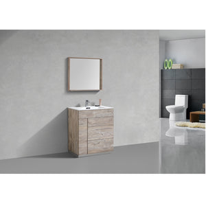 KUBEBATH Milano KFM30-NW 30" Single Bathroom Vanity in Nature Wood with White Acrylic Composite, Integrated Sink, Rendered Angled View