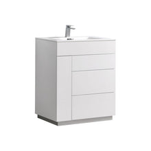 Load image into Gallery viewer, KUBEBATH Milano KFM30-GW 30&quot; Single Bathroom Vanity in High Gloss White with White Acrylic Composite, Integrated Sink, Angled View