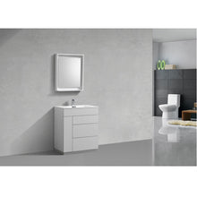 Load image into Gallery viewer, KUBEBATH Milano KFM30-GW 30&quot; Single Bathroom Vanity in High Gloss White with White Acrylic Composite, Integrated Sink, Rendered Angled View