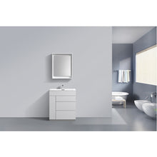 Load image into Gallery viewer, KUBEBATH Milano KFM30-GW 30&quot; Single Bathroom Vanity in High Gloss White with White Acrylic Composite, Integrated Sink, Rendered Front View