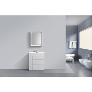 KUBEBATH Milano KFM30-GW 30" Single Bathroom Vanity in High Gloss White with White Acrylic Composite, Integrated Sink, Rendered Front View