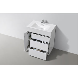 KUBEBATH Milano KFM30-GW 30" Single Bathroom Vanity in High Gloss White with White Acrylic Composite, Integrated Sink, Open Door and Drawers