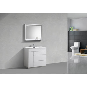KUBEBATH Milano KFM36-GW 36" Single Bathroom Vanity in High Gloss White with White Acrylic Composite, Integrated Sink, Rendered Angled View
