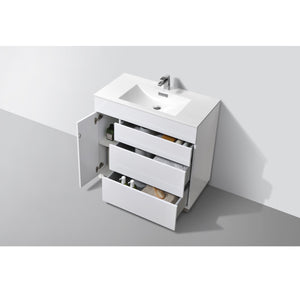 KUBEBATH Milano KFM36-GW 36" Single Bathroom Vanity in High Gloss White with White Acrylic Composite, Integrated Sink, Open Door and Drawers
