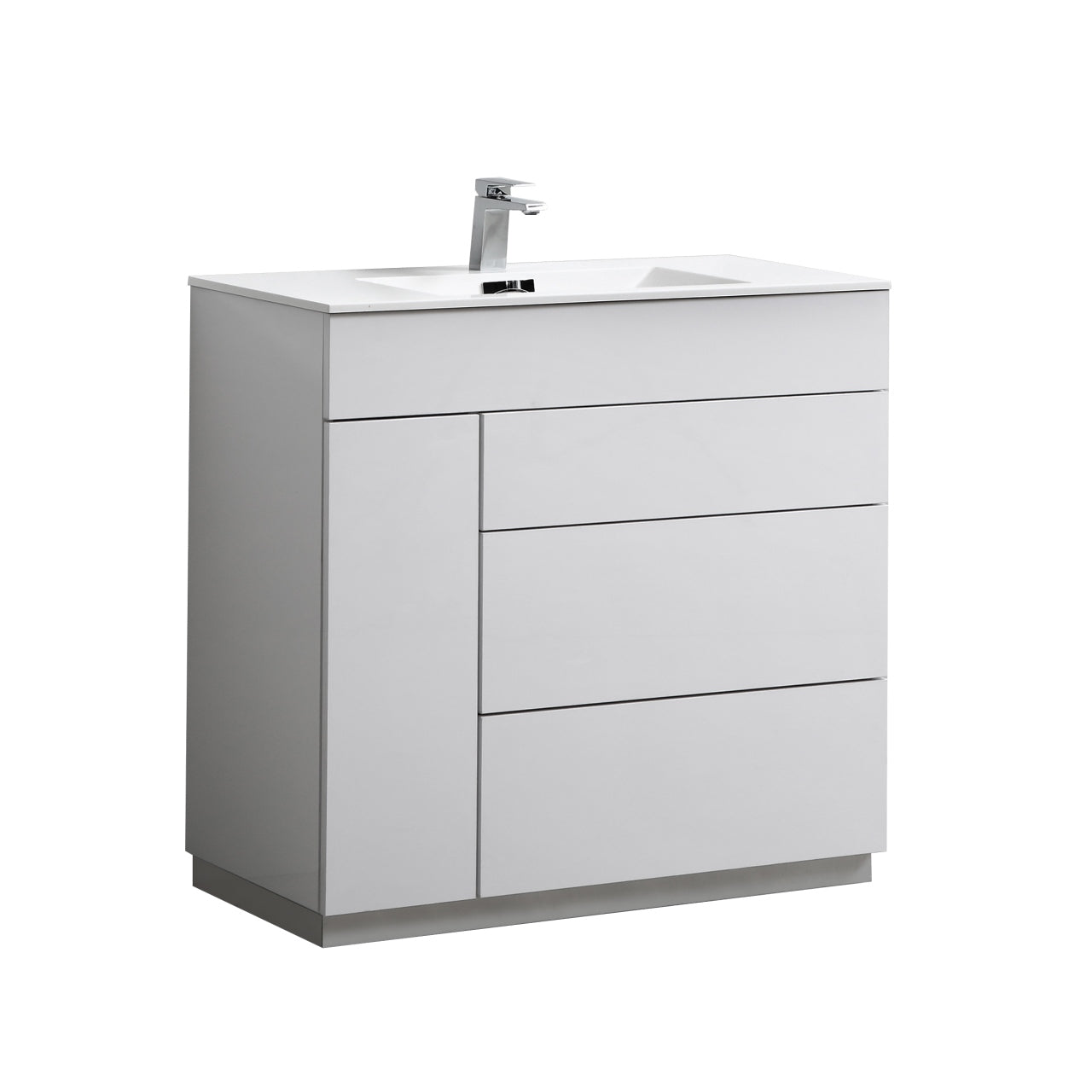 KUBEBATH Milano KFM36-GW 36" Single Bathroom Vanity in High Gloss White with White Acrylic Composite, Integrated Sink, Angled View