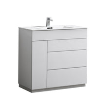 Load image into Gallery viewer, KUBEBATH Milano KFM36-GW 36&quot; Single Bathroom Vanity in High Gloss White with White Acrylic Composite, Integrated Sink, Angled View