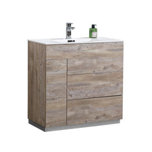 Load image into Gallery viewer, KUBEBATH Milano KFM36-NW 36&quot; Single Bathroom Vanity in Nature Wood with White Acrylic Composite, Integrated Sink, Angled View