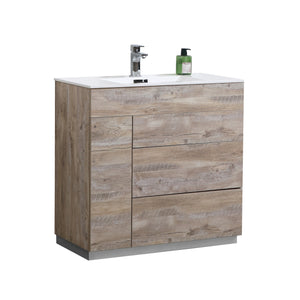 KUBEBATH Milano KFM36-NW 36" Single Bathroom Vanity in Nature Wood with White Acrylic Composite, Integrated Sink, Angled View
