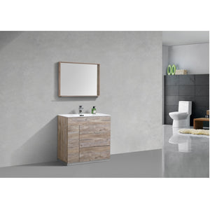 KUBEBATH Milano KFM36-NW 36" Single Bathroom Vanity in Nature Wood with White Acrylic Composite, Integrated Sink, Rendered Angled View
