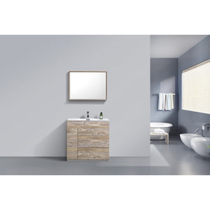 KUBEBATH Milano KFM36-NW 36" Single Bathroom Vanity in Nature Wood with White Acrylic Composite, Integrated Sink, Rendered Front View
