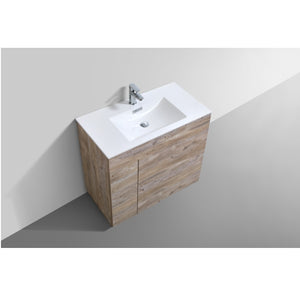 KUBEBATH Milano KFM36-NW 36" Single Bathroom Vanity in Nature Wood with White Acrylic Composite, Integrated Sink, Countertop Closeup