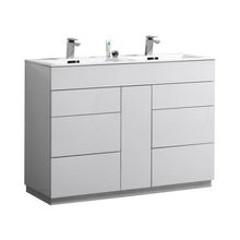 Load image into Gallery viewer, KUBEBATH Milano KFM48D-GW 48&quot; Double Bathroom Vanity in High Gloss White with White Acrylic Composite, Integrated Sinks, Angled View