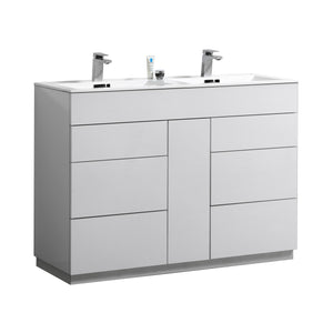 KUBEBATH Milano KFM48D-GW 48" Double Bathroom Vanity in High Gloss White with White Acrylic Composite, Integrated Sinks, Angled View