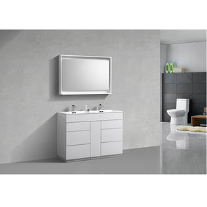 KUBEBATH Milano KFM48D-GW 48" Double Bathroom Vanity in High Gloss White with White Acrylic Composite, Integrated Sinks, Rendered Angled View