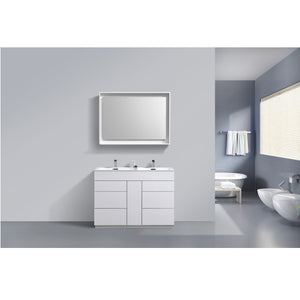 KUBEBATH Milano KFM48D-GW 48" Double Bathroom Vanity in High Gloss White with White Acrylic Composite, Integrated Sinks, Rendered Front View