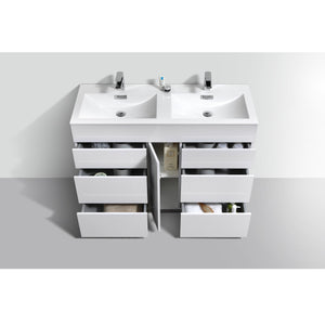 KUBEBATH Milano KFM48D-GW 48" Double Bathroom Vanity in High Gloss White with White Acrylic Composite, Integrated Sinks, Open Door and Drawers